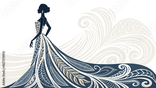 Elegant silhouette of a woman in a gown with intricate floral patterns, exuding sophistication and grace, perfect for fashion or beauty concepts