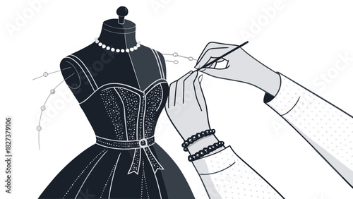 Stylish mannequin dressmaking, a couture design being crafted, elegance in fashion, designer hands sewing pearls, creating bespoke designs, upscale attire being made