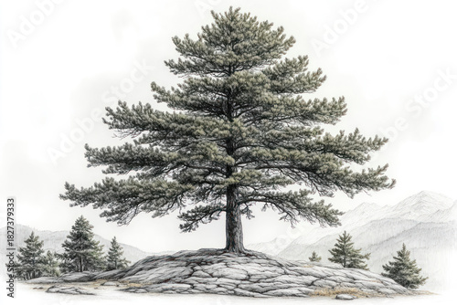 A tranquil, detailed illustration of a solitary pine tree growing on a rocky plateau amidst a mountain landscape.  