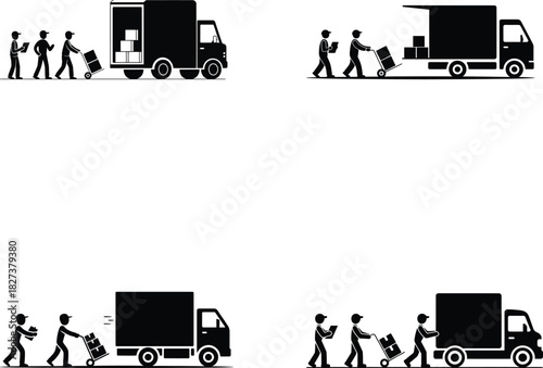 Silhouettes of people loading and unloading cargo from delivery trucks