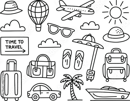 Hand drawn travel vacation doodles of airplane car suitcase and beach items
