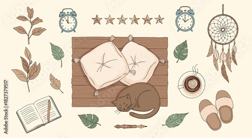 A cozy flat lay of home comfort items, including a sleeping cat, pillows, coffee, and nature elements, perfect for relaxation.