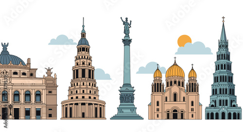A charming vector illustration showcasing a diverse collection of iconic European city landmarks under a clear sky.