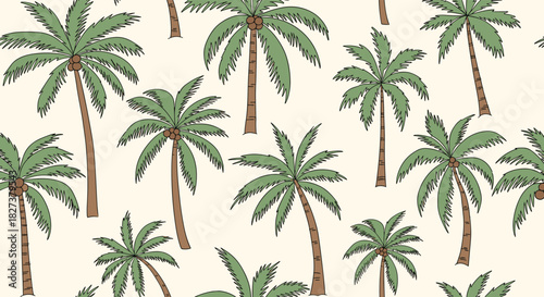 A charming hand-drawn seamless pattern featuring various palm trees with coconuts on a soft, neutral background, perfect for a tropical design.