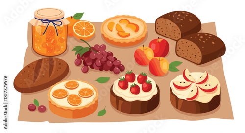 A delightful assortment of freshly baked bread, fruit tarts, cakes, and preserves, accompanied by fresh fruits on a rustic surface.