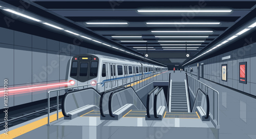 A pixel art depiction of a modern subway station with an arriving train, escalators, and subdued lighting, creating a calm urban transport scene.