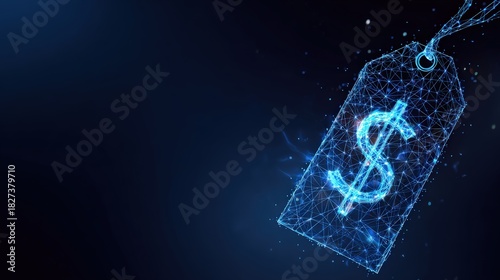 A luminous price tag bearing a prominent dollar symbol hovers in a dynamic, low-poly depiction, conveying concepts of value, commerce. ..Created with Generative AI, not depicting real subjects.