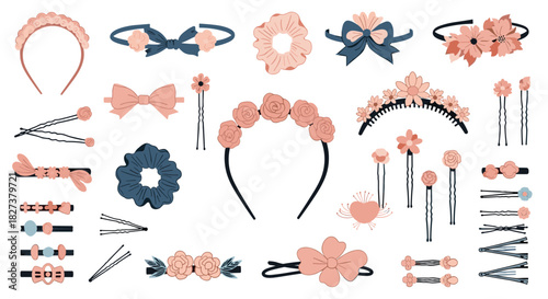 A collection of various decorative hair accessories including headbands, scrunchies, hair clips, and pins in pastel pink and blue hues.