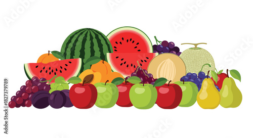 A vibrant and colorful collection of fresh, ripe fruits, including watermelons, apples, grapes, melons, peaches, plums, and pears, arranged on white.