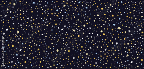 Starry Night Sky with Multicolored Stars. Deep Space Background Featuring White, Yellow, and Blue Twinkling Lights for Astronomy, Galaxy, Universe, Cosmos, Science, and Celestial Themes