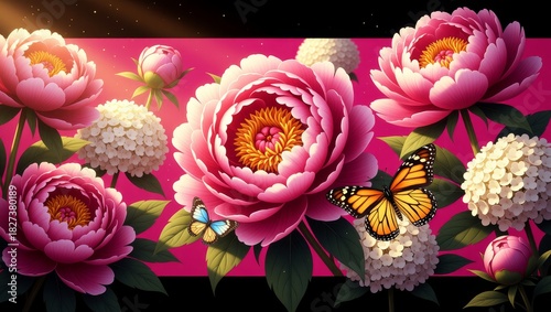 Fototapeta Naklejka Na Ścianę i Meble -  Vibrant pink peonies and butterflies on pink background