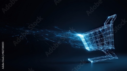 A futuristic glowing shopping cart with trails of data against a dark background, representing online shopping or digital commerce. ..Created with Generative AI, not depicting real subjects.