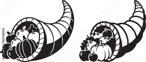 Two thanksgiving cornucopias filled with autumn harvest silhouette