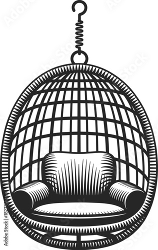 Black silhouette of a hanging egg chair with a cushion and spring suspension hanging chair