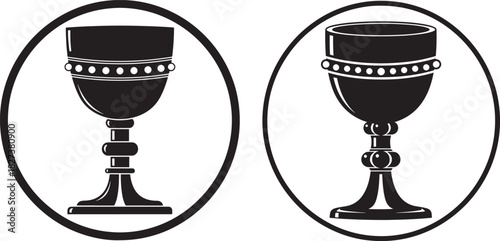 Two ornate chalices in oval frames silhouette