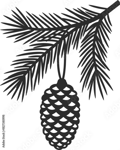 Black silhouette of a pine branch with a pinecone ornament on white background Keywords: pine