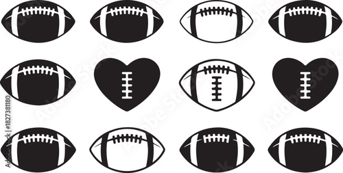 Collection of american footballs and heart shaped footballs in black and white graphic elements