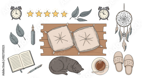 A collection of hand-drawn cozy and comforting home objects, perfect for relaxation and slow living.