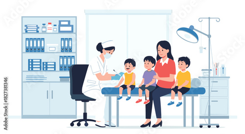 A female nurse gives a vaccination to a young boy in a clinic, observed by his mother and siblings, promoting child health and immunization.
