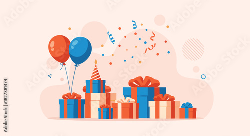A vibrant illustration featuring a stack of beautifully wrapped gifts, festive balloons, and confetti, creating a cheerful birthday celebration scene.