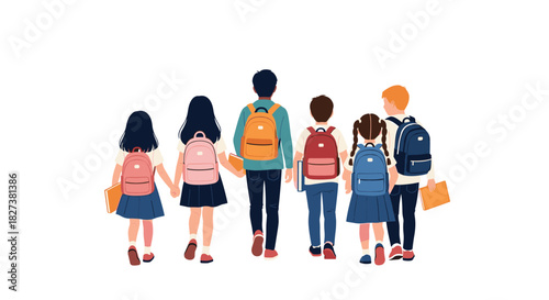 A diverse group of school children, carrying colorful backpacks and books, walks together, symbolizing friendship and education.