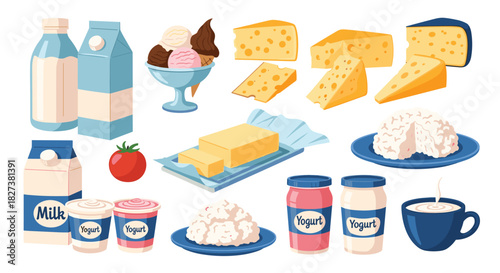 A diverse collection of fresh dairy products, including milk, cheese, butter, yogurt, and ice cream, on a white background.