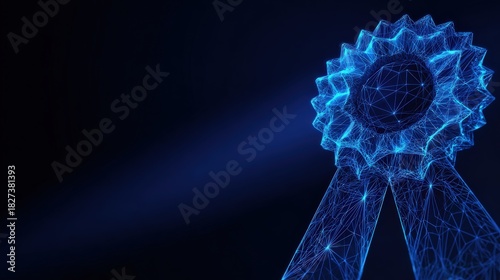 A digital award ribbon with glowing lines shines against the dark backdrop, representing recognition and achievement. ..Created with Generative AI, not depicting real subjects.