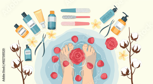 A relaxing home pedicure scene with feet soaking in a rose petal bath, surrounded by essential beauty products, tools, and natural decor.