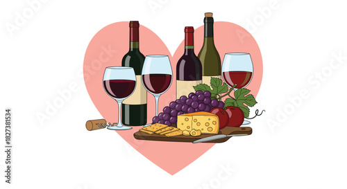 A delightful arrangement of red wine bottles, full glasses, cheese, grapes, and crackers on a wooden board, set against a loving pink heart.