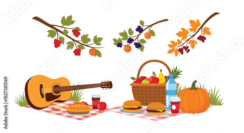 An outdoor autumn picnic scene with an acoustic guitar, a vibrant spread of harvest foods, a fruit basket, and seasonal foliage.