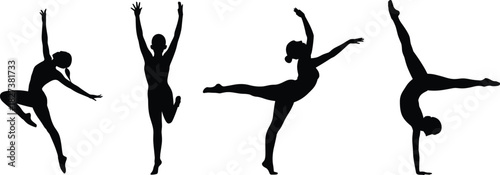 “Elegant female dancer silhouettes performing artistic ballet and gymnastics poses in dynamic movement set as clean black vector illustration”