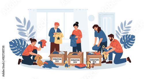 Diverse group of people sorting clothes and toys into cardboard donation boxes, showcasing charity, giving, and community support.