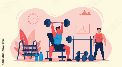 Two men are actively working out in a modern gym, one performing an overhead barbell press while the other observes nearby.