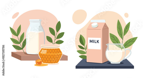 Illustrations displaying various forms of fresh milk, including a carton, bottle, and pitcher, paired with a jar of honey and green leaves.