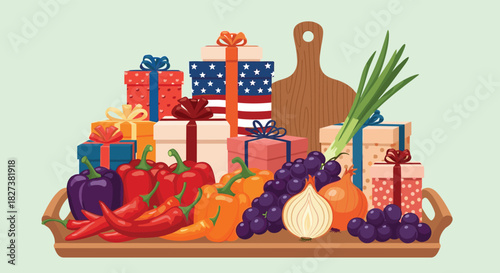 A wooden tray filled with a variety of fresh vegetables and festive gift boxes, including one with an American flag design.
