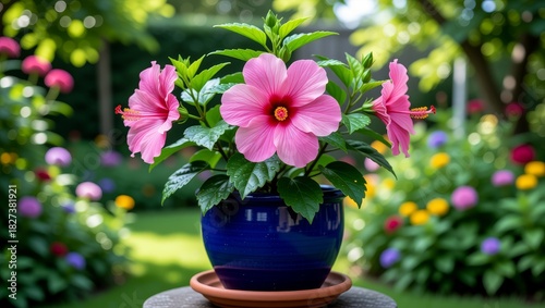 Fototapeta Naklejka Na Ścianę i Meble -  Pink hibiscus flowers in blue pot garden