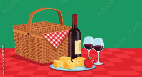 An inviting scene of a classic picnic with a wicker basket, bottle of red wine, glasses, cheese, and an apple on a vibrant red checkered blanket.