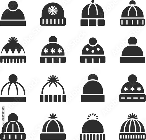 Collection of black silhouette icons of winter hats beanie bobble hat