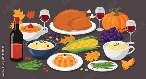 A bountiful Thanksgiving feast featuring a roasted turkey, mashed potatoes, sweet potato casserole, vegetables, wine, and autumn leaves on a dark table.