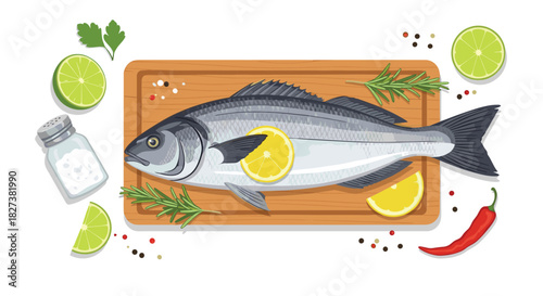Fresh raw fish on a wooden cutting board, ready for cooking with lemon, lime, rosemary, salt, and pepper on a white background.