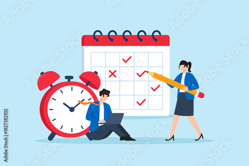 Flat illustration of businessman planning and businesswoman marking tasks on large calendar with alarm clock symbolizing time management deadline tracking and organized work schedule