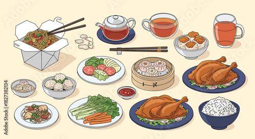An inviting spread of popular Asian dishes, featuring savory noodles, steamed dumplings, roasted chicken, fresh vegetables, and warm tea.