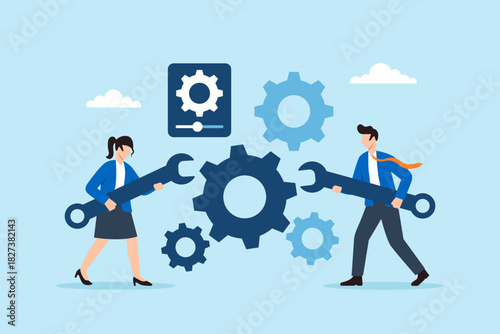 Flat illustration of businessman and businesswoman adjusting gears and settings to optimize workflow processes symbolizing teamwork operational efficiency and continuous business improvement