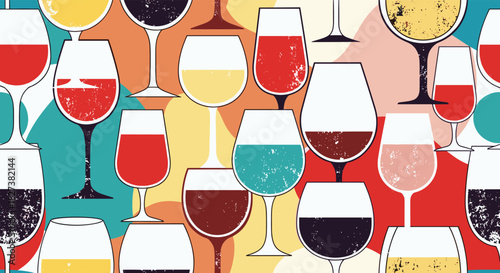 Seamless pattern of various wine glasses filled with colorful beverages against a vibrant, abstract background in a retro distressed style.