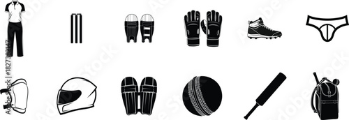 Cricket equipment icons in black and white silhouette