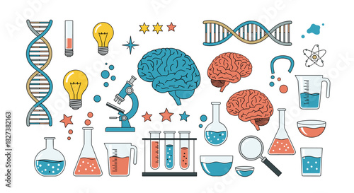 A vibrant collection of science and research-themed flat design icons, featuring DNA, brains, lab equipment, and symbols of discovery.