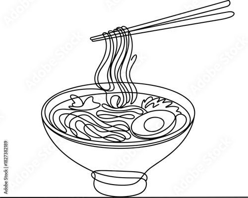 Continuous Line Drawing of Ramen Noodles with Egg and Chopsticks soup food