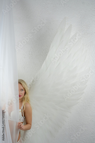 Beauty woman with angel wings in a studio setting