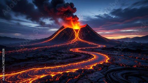 Volcano eruption with lava flows at twilight