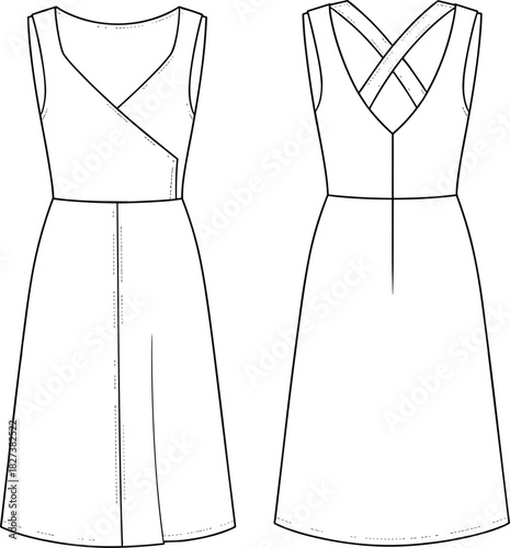 “Elegant sleeveless wrap dress fashion flat, technical garment sketch with crossed back straps and flare skirt design, cad drawing flat vector illustration”